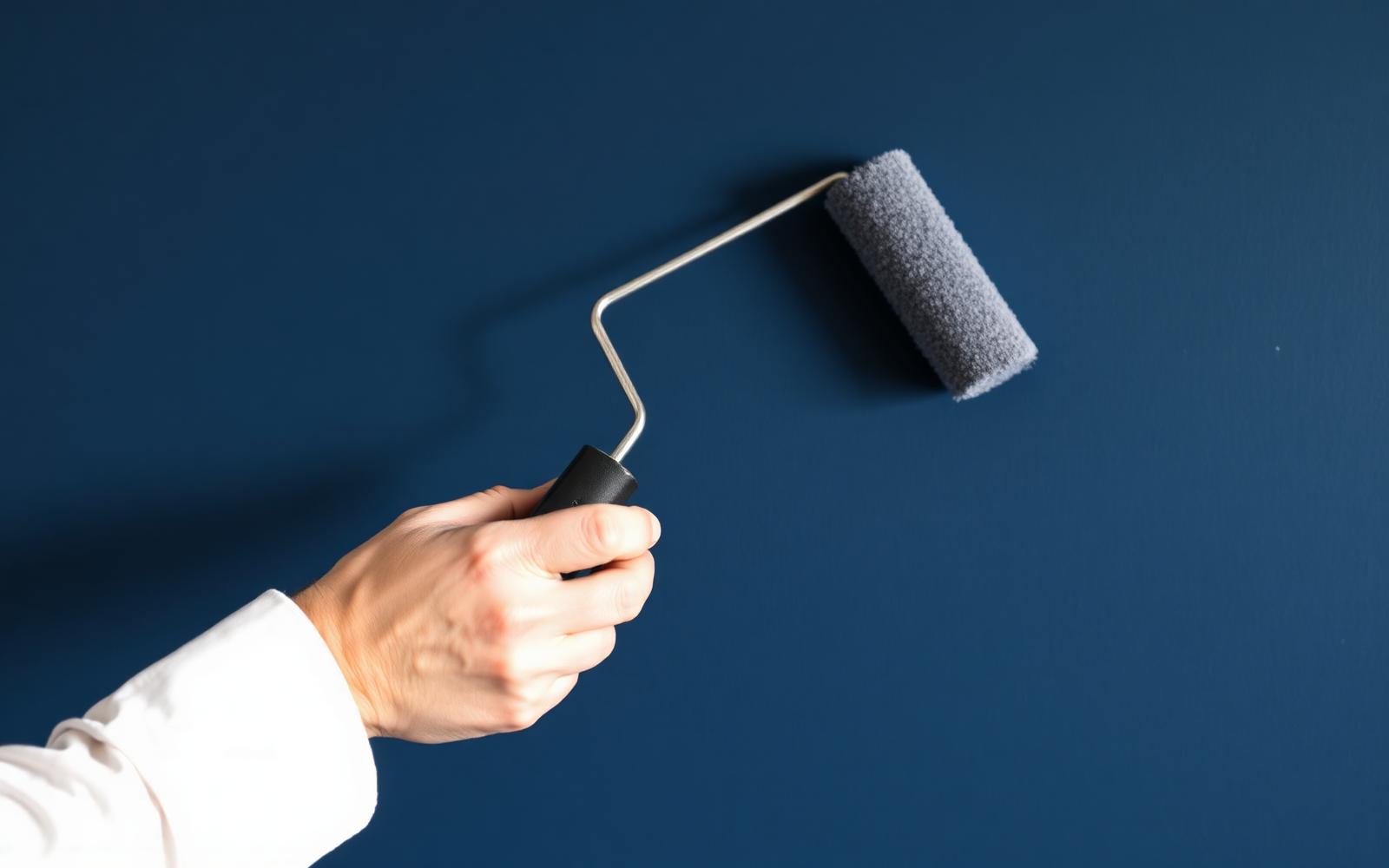 Painter's hand with roller against deep navy wall